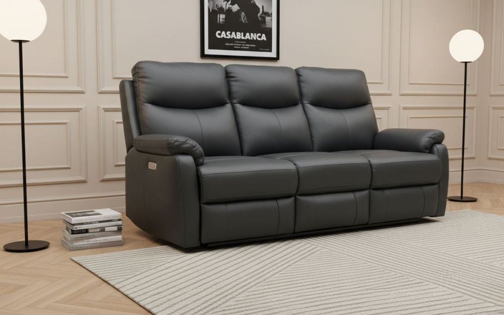 Cairo 3 Seater + 2 Armchair Electric Recliners - Black Leather