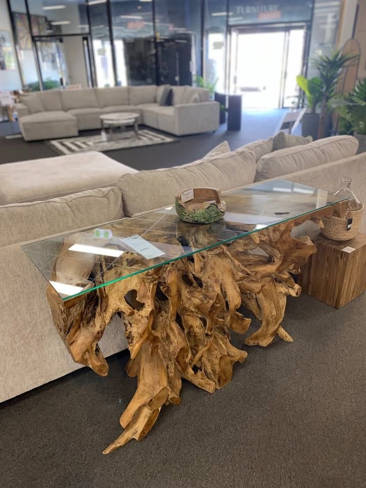 Clearance - Narto Teak Root 1500 Console Table with Glass
