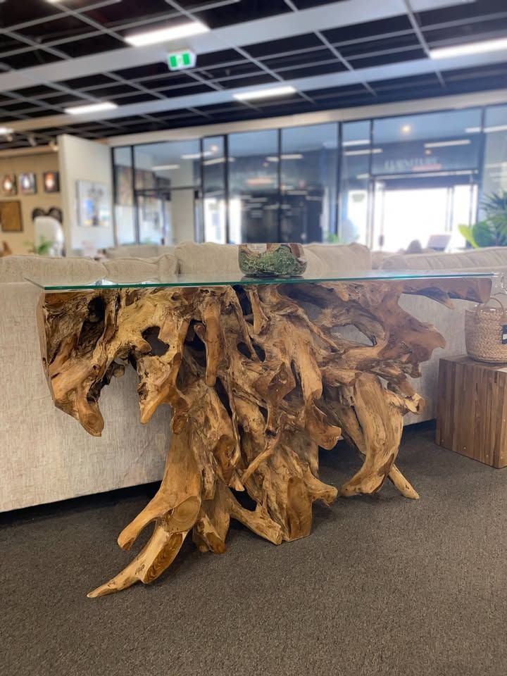 Clearance - Narto Teak Root 1500 Console Table with Glass