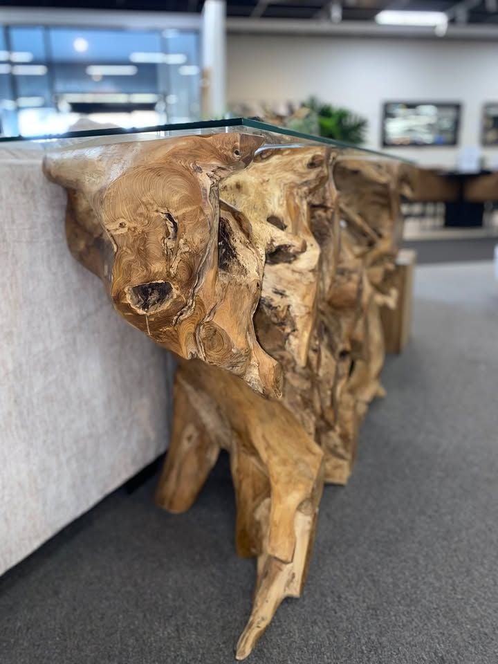 Clearance - Narto Teak Root 1500 Console Table with Glass