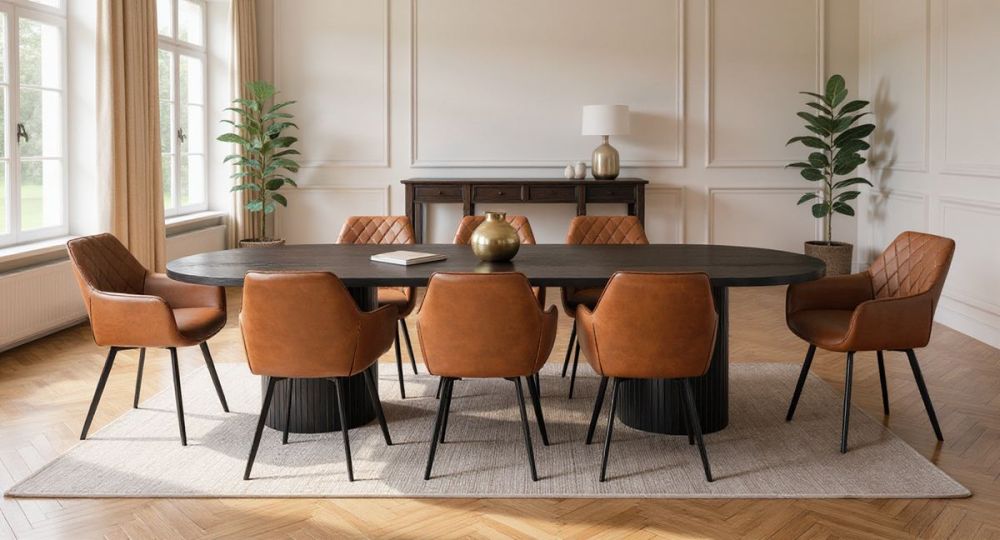 Ripple 2700 Dining Table - Black + 8 Brown Vincent Chairs