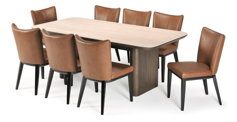 Riviera 2100 Dining Table + 8 Chocolate Berlin Chairs - Vintage Brown