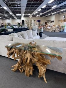 Clearance - Narto Teak Root 1500 Console Table with Glass