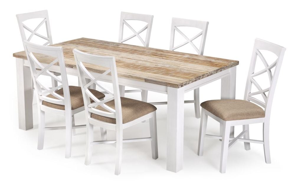 Paris Timber Dining Chair - White - Beige Fabric Seat