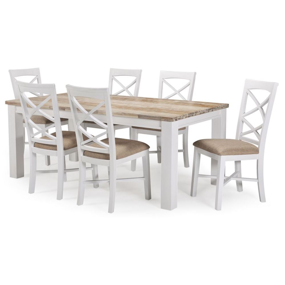 Byron Bay 1900 Dining Table + 6 White Paris Timber Dining Chairs
