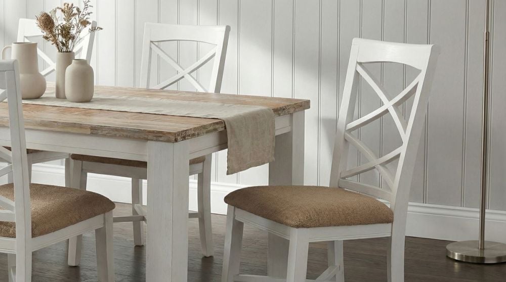 Byron Bay 1900 Dining Table + 6 White Paris Timber Dining Chairs