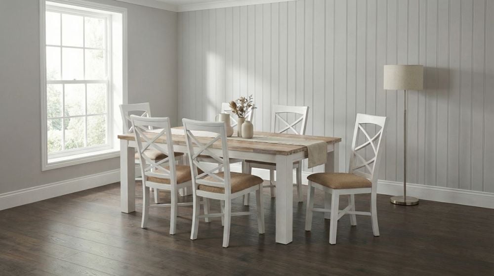 Byron Bay 1900 Dining Table + 6 White Paris Timber Dining Chairs