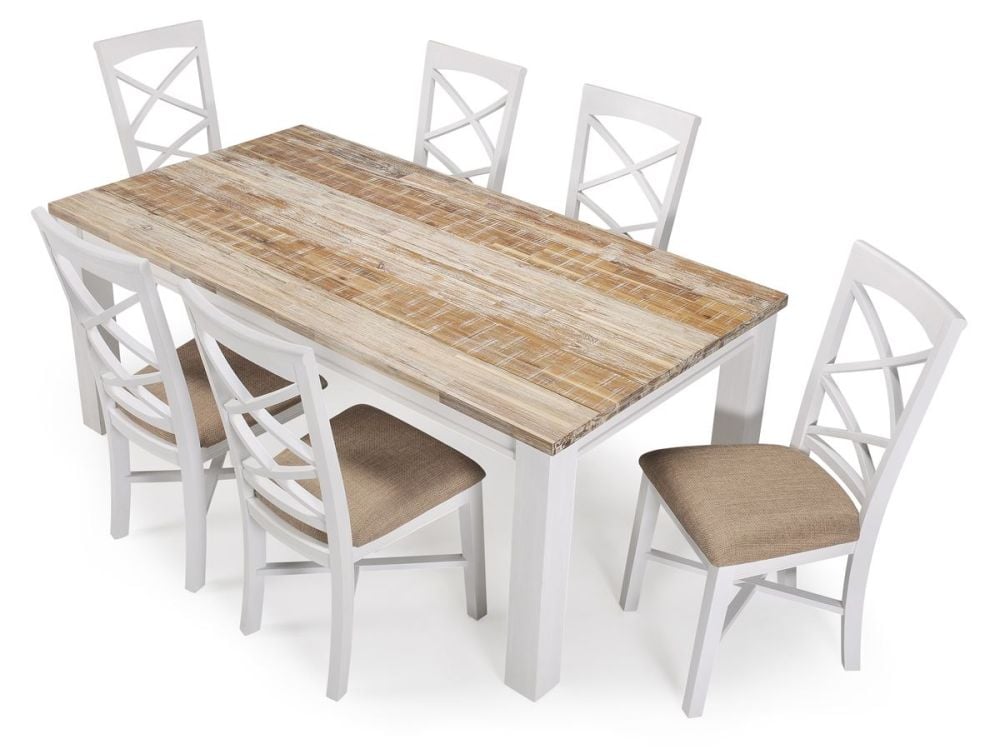 Byron Bay 1900 Dining Table + 6 White Paris Timber Dining Chairs
