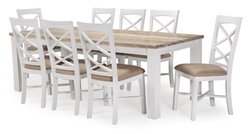 Byron Bay 2250 Dining Table + 8 White Paris Timber Dining Chairs