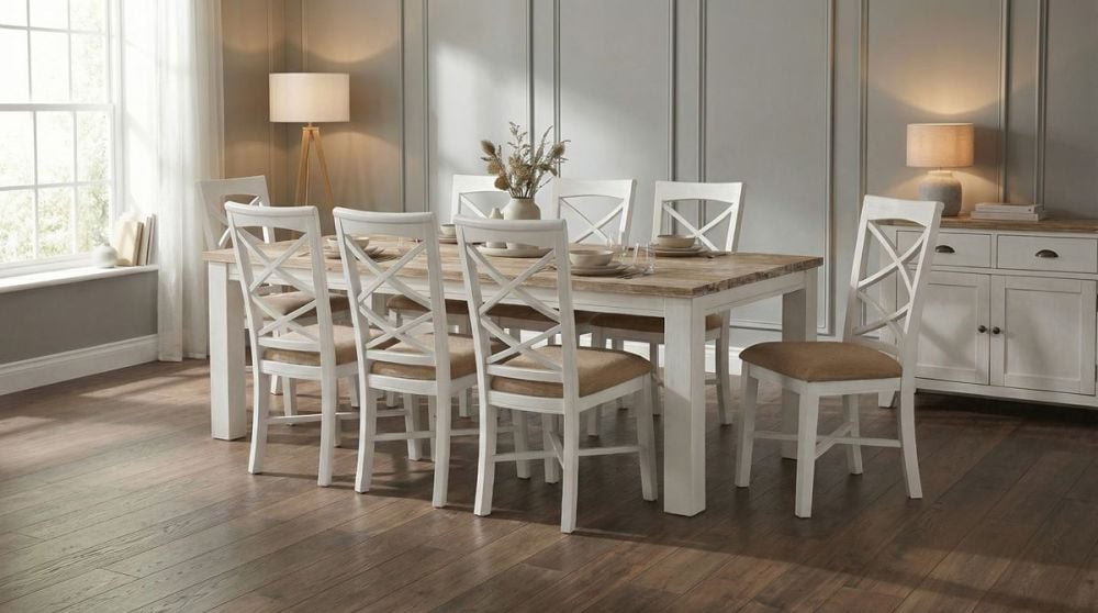 Byron Bay 2250 Dining Table + 8 White Paris Timber Dining Chairs