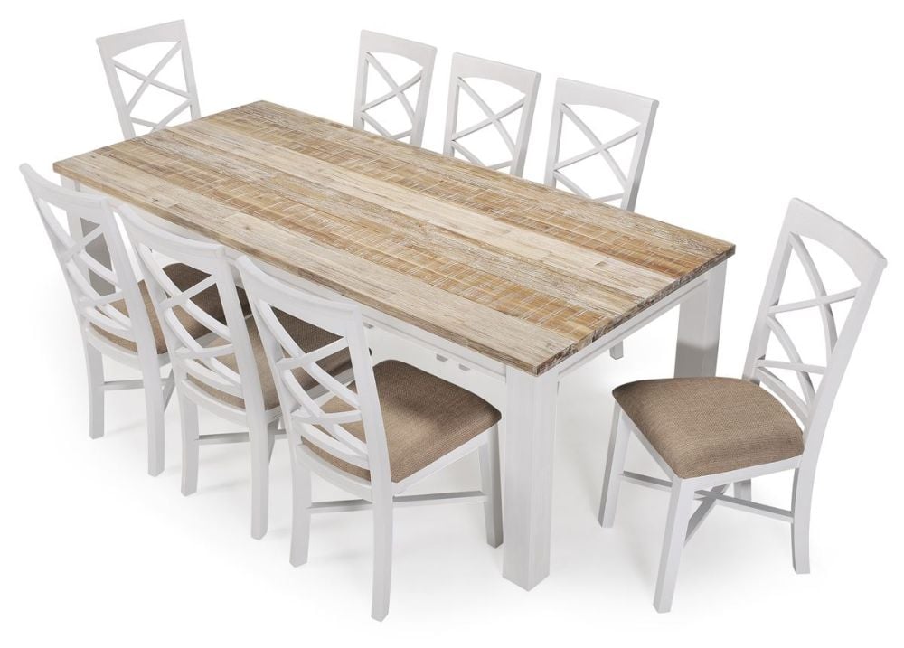 Byron Bay 2250 Dining Table + 8 White Paris Timber Dining Chairs