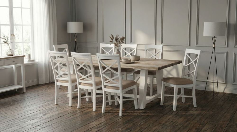 Byron Bay 2400 Dining Table + 8 White Paris Timber Dining Chairs