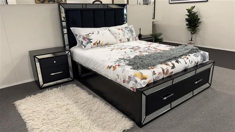 Clearance - Cortana Queen Bed  + 2x Bedside Tables - Black