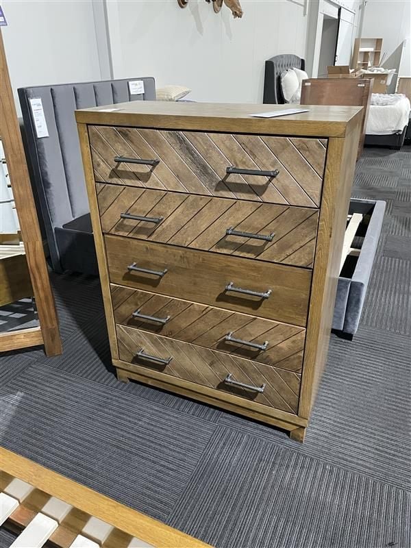Clearance - Chevron Queen Bed + Tallboy + Dresser & Mirror