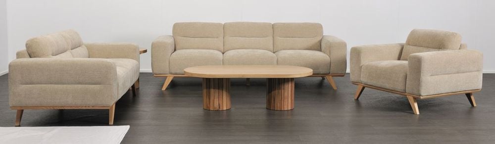 Matera 3 Seater Sofa - Cobblestone Fabric - Natural Oak Leg