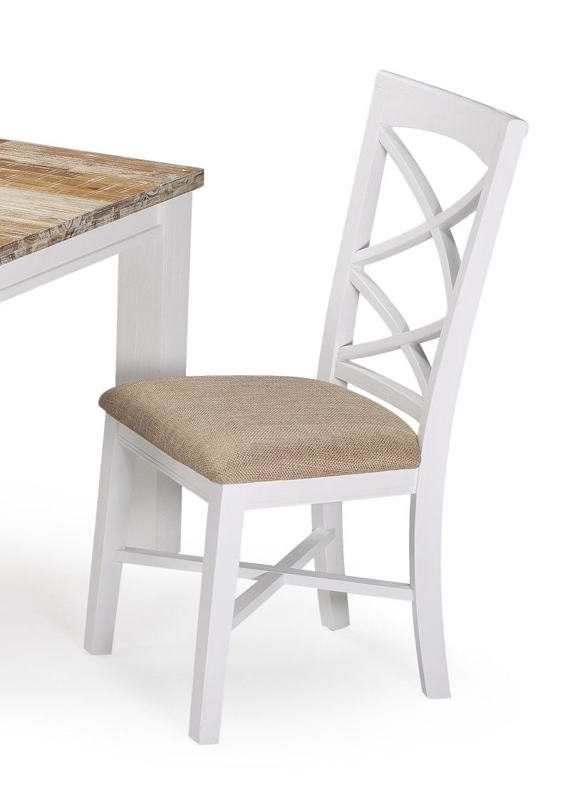 Paris Timber Dining Chair - White - Beige Fabric Seat