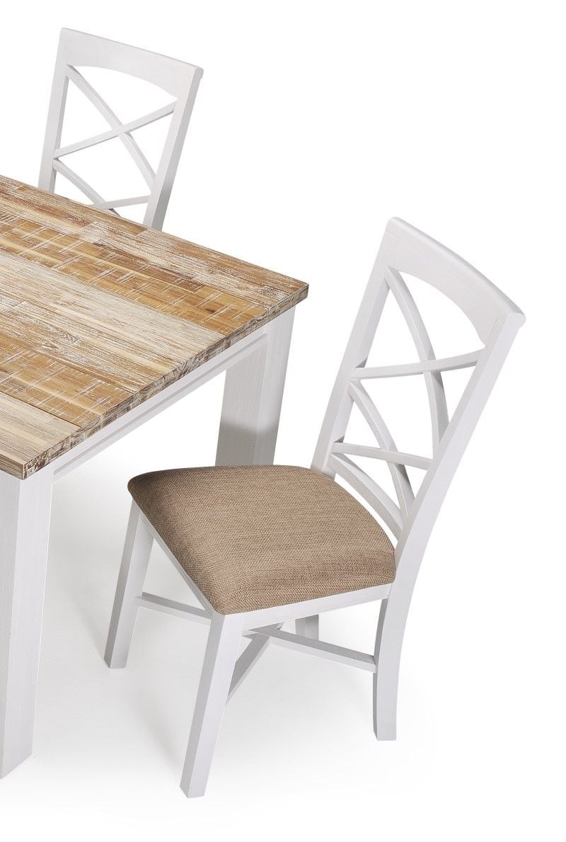 Paris Timber Dining Chair - White - Beige Fabric Seat