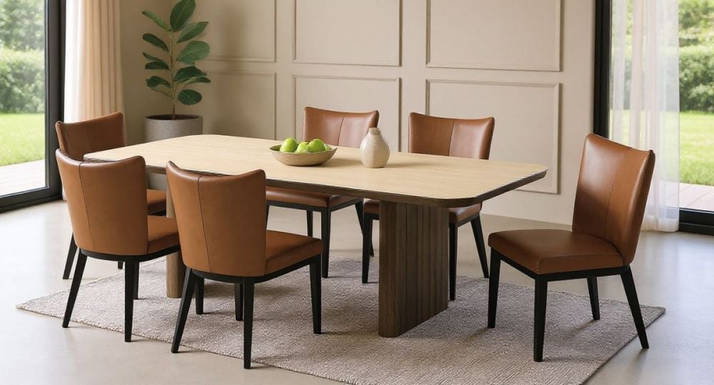 Riviera 2100 Dining Table + 6 Chocolate Berlin Chairs - Vintage Brown