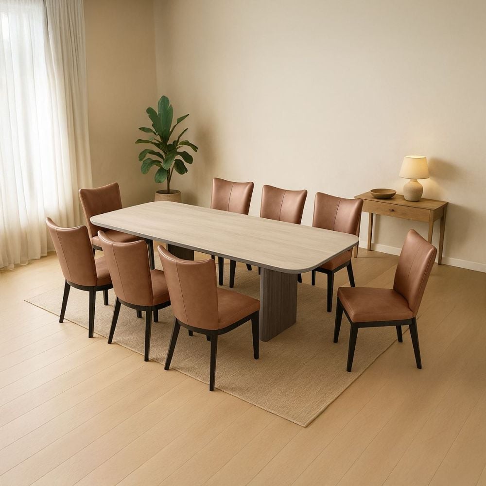 Riviera 2400 Dining Table + 8 Chocolate Berlin Chairs - Vintage Brown